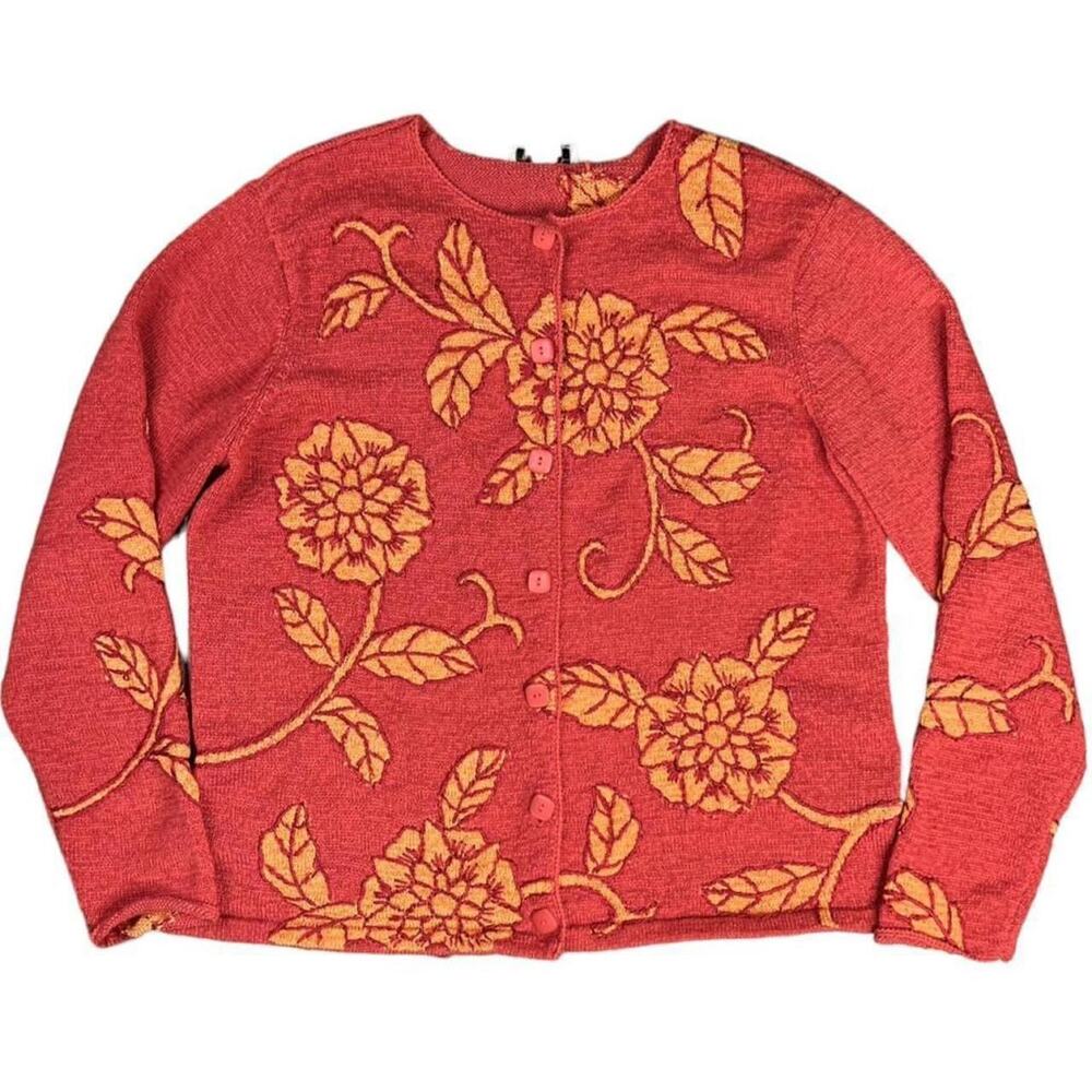 Vintage Talbots Cardigan Sweater Flower Leave Design Coral Grandmacore Size XL